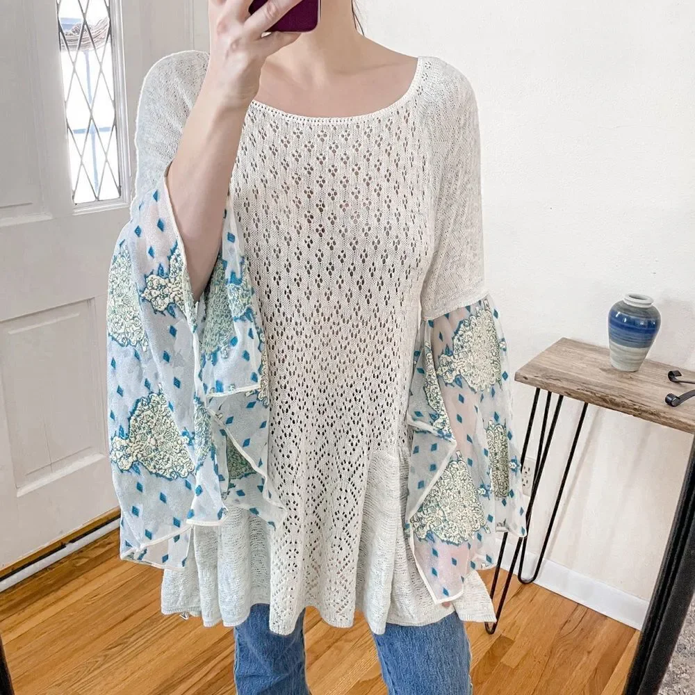 Free People Pointelle Breeze Knit Top in Ivory Combo L
